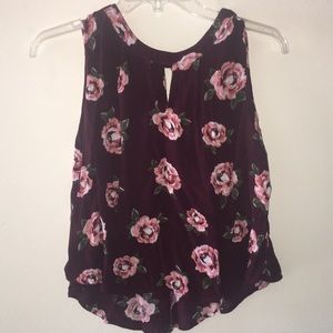 Burgundy Floral Cropped Keyhole Sleeveless Blouse